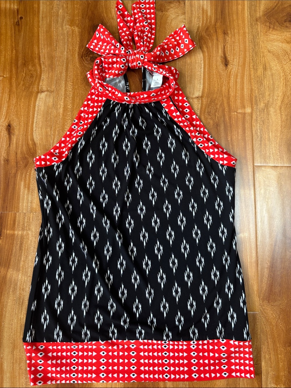 White House Black Market Black & Orange Halter Tank Top with Geometric Trim